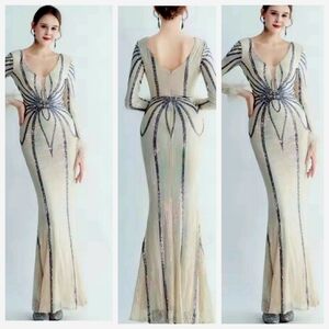 Gray and Cream Backless Embellished Gown with Bishop Sleeves